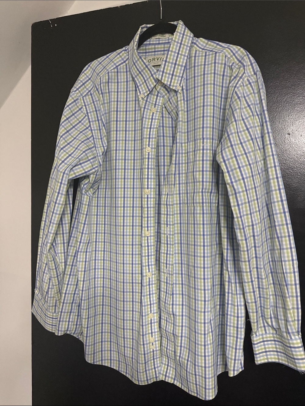 Orvis Light Blue & Green Plaid Button-Up Dress Shirt